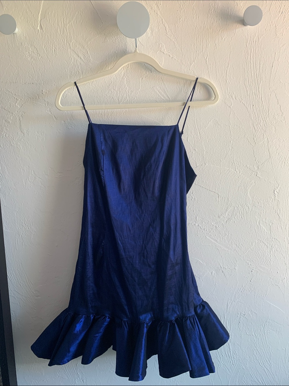 Bardot size S Navy Satin Spaghetti Strap Ruffle Hem Dress